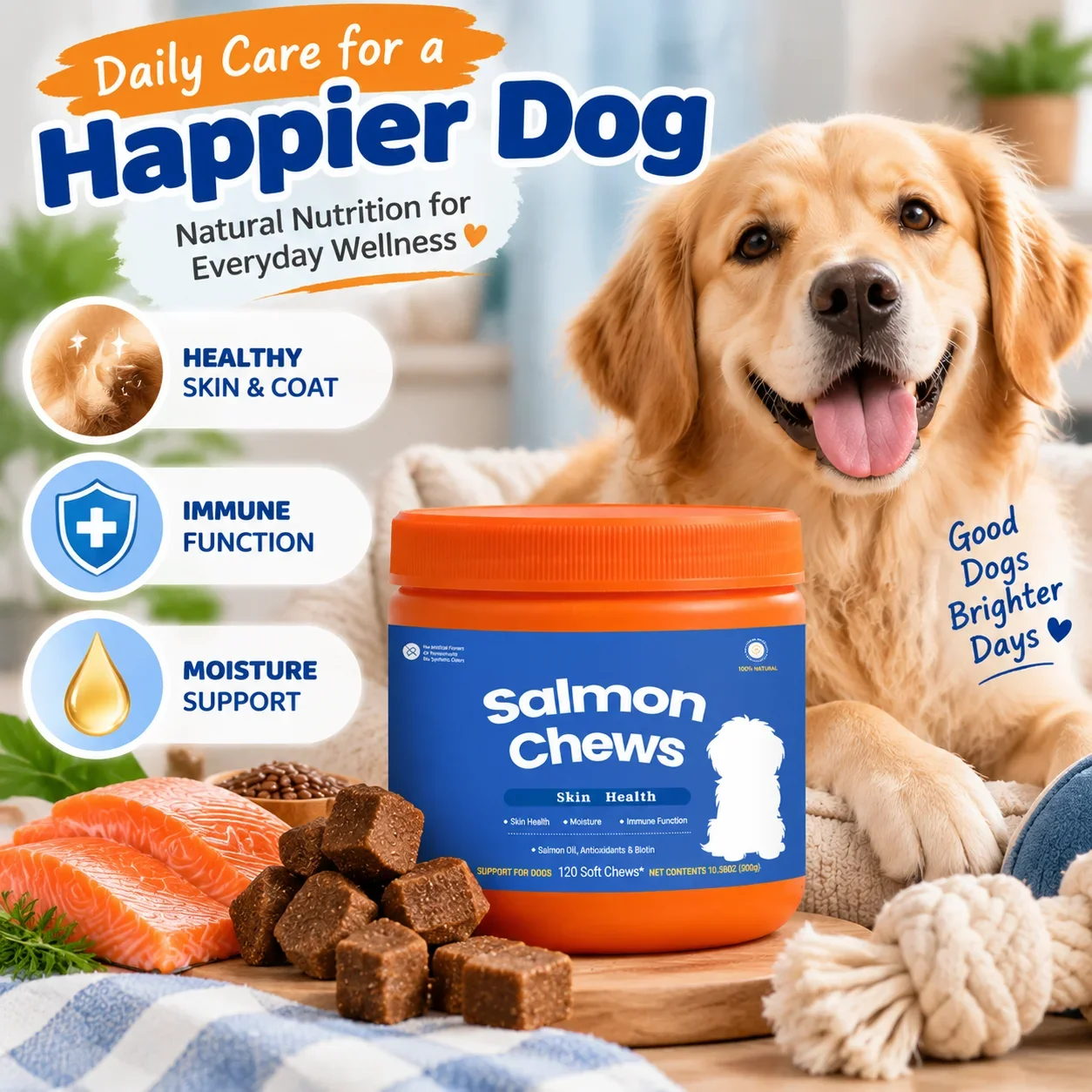 Salmon Chews for Dogs Skin Health Soft Chews with Salmon Oil Flaxseed Coconut Oil Biotin and Ginger Root 120 Chews 300g