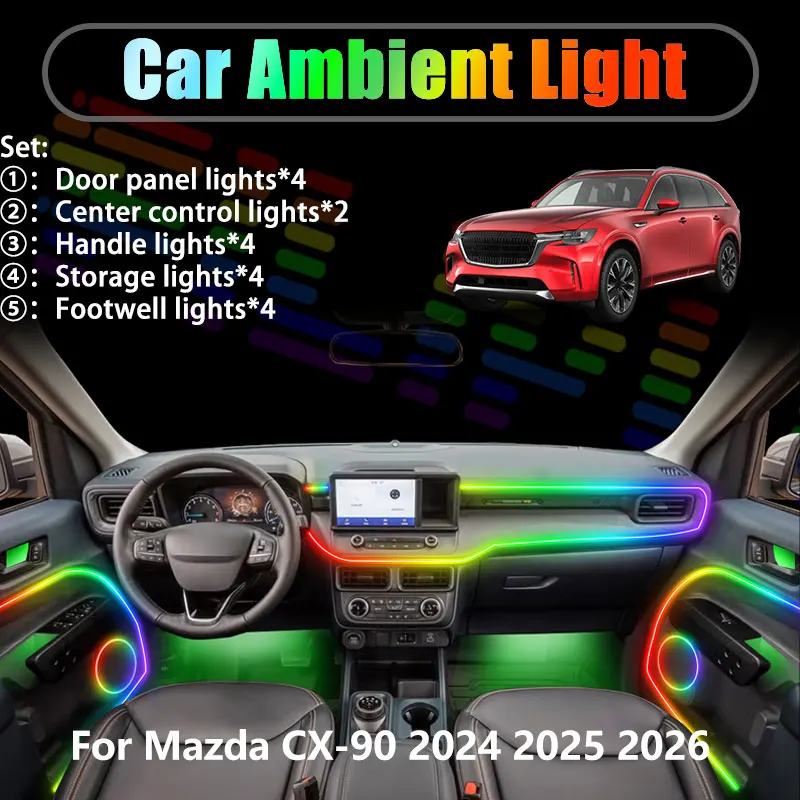 

Для Mazda CX-90 -70 2024 2025 2026 KK KJ 2/18 в 1 комплект светодиодной подсветки салона автомобиля, светодиодные фонари для багажника, USB RGB, Ensemble Streamer