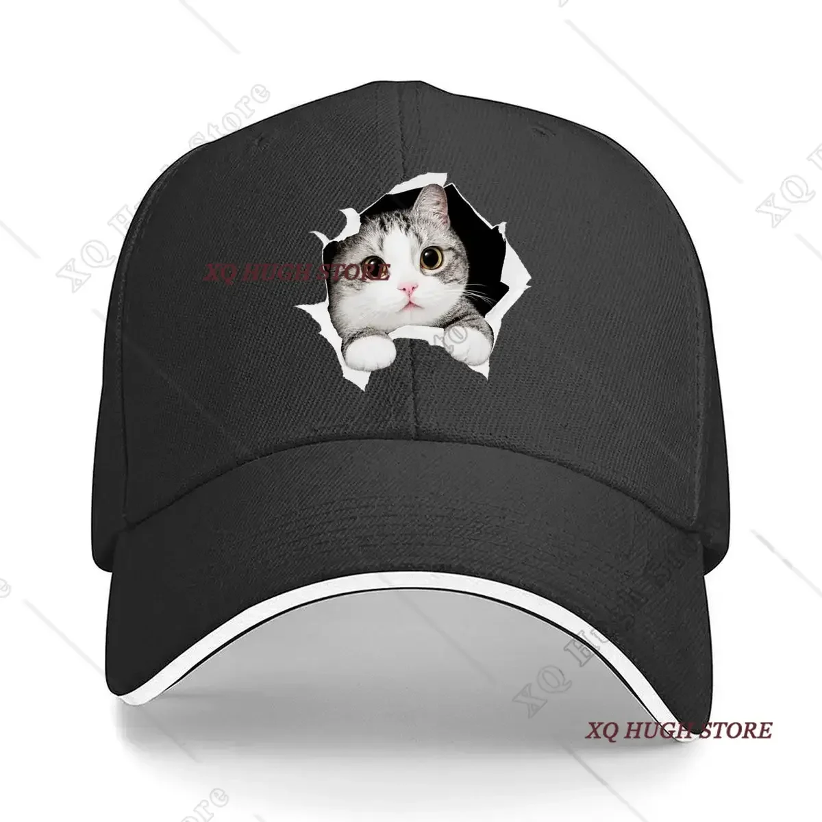 Realistic Wide Eyed Cat Peeking Through Torn Paper Hip Hop hat Fashion Outdoor Sports Sandwich Baseball Cap