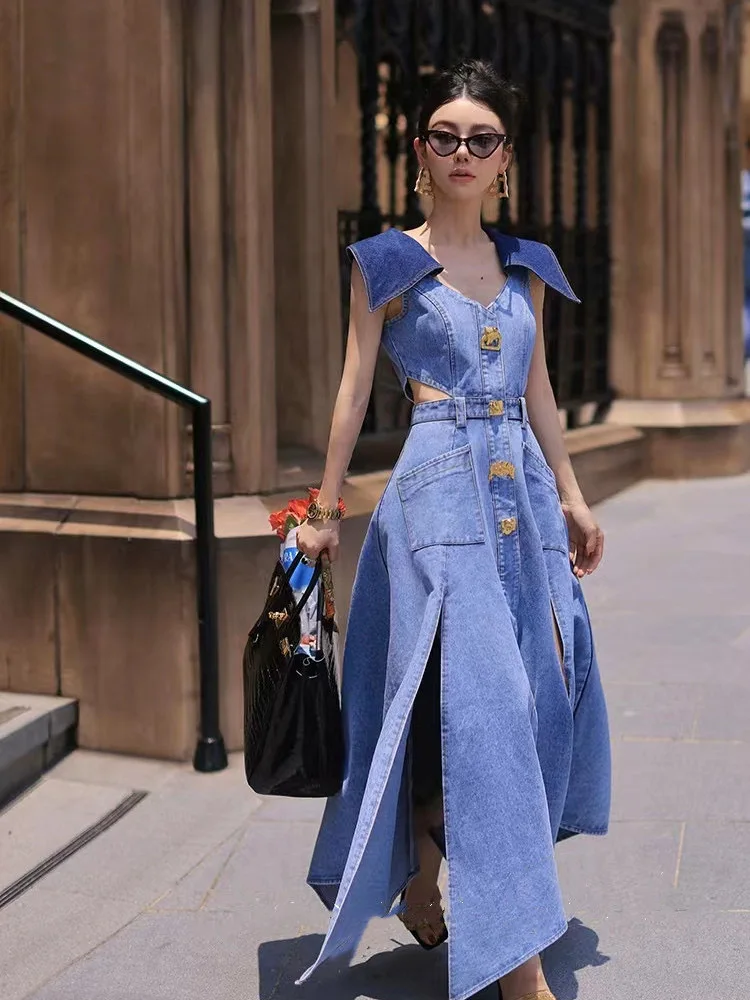 Trendy Fashion Women\'s Metal Buckle Waist Hollow Out Denim Dress 2024 Spring Lapel Sleeveless Split Dresses Female