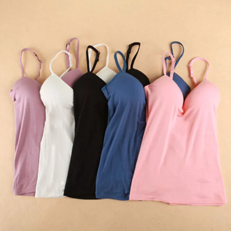 Women Solid Padded Bra Spaghetti Camisole Top Vest Female Camisole With Built In Bra 6 Colors