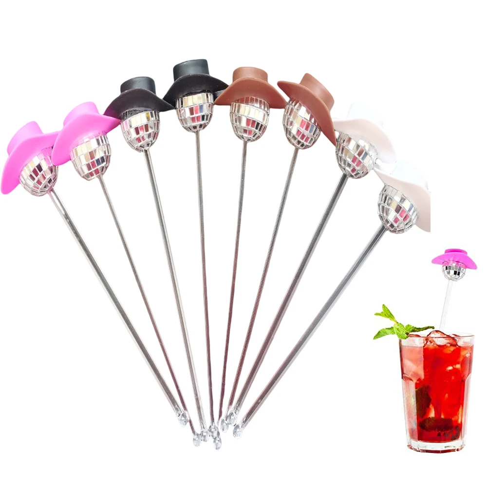 

6pcs Disco Balls Swizzle Sticks Cowgirl Hat Disco Ball Drink Stirrers Glitter Coffee Stirrers Plastic Cocktail Party Decoration