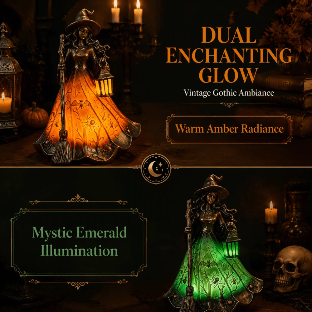 18cm Halloween Witch Lamp Scary Holding Lantern Holiday Decorative Lamp Funny Unique Broomstick Witch Statues Bedroom Decoration