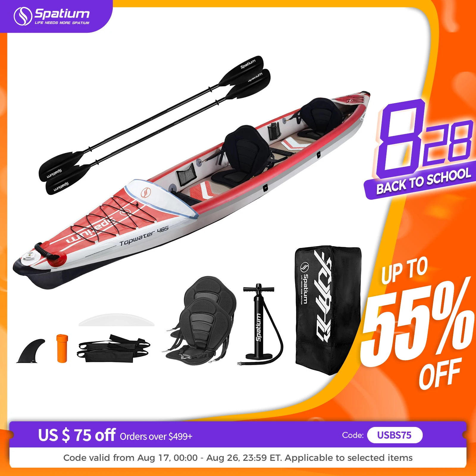Spatium aufblasbares Kajak, PVC-Fischerboot, 1–3 Personen, für Wassersport, Surfen, Rafting, Touren, aufblasbares Kajak mit Paddel, Sitz