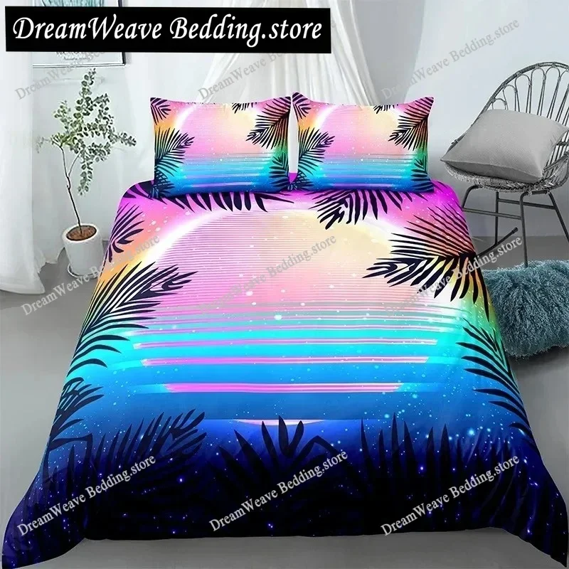 Tropical Coconut Palm Tree King Queen Duvet Cover Hawaii Seaside Sunset Bedding Set Sunrise Plant Polyester Quilt Cover592FQH