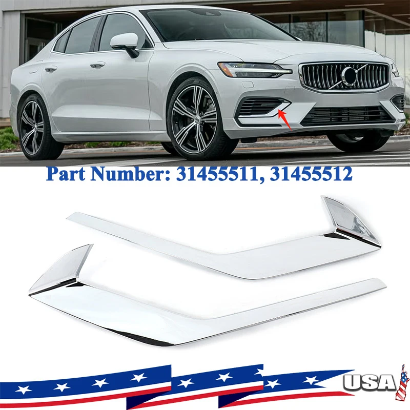 

Front Bumper Fog Light Grille Cover Strip Trim For Volvo S60 V60 2018 2019 2020 2021 2022 Replace for 31455511,31455512 Chrome