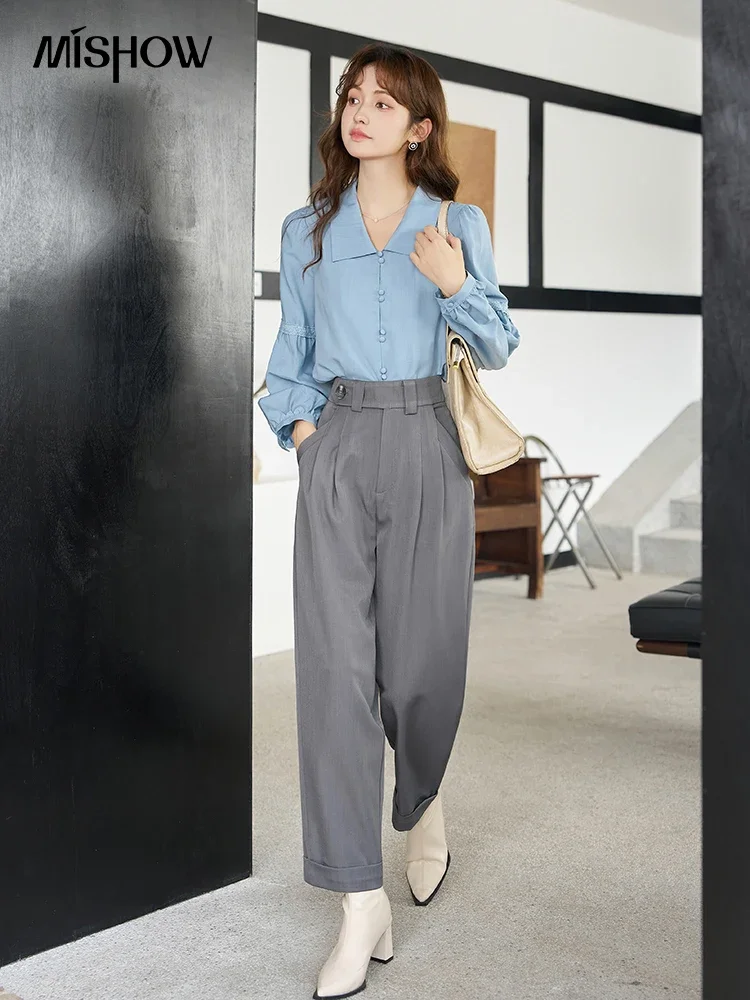 MISHOW Loose Fit Straight Suit Pants for Women 2024 Autumn Button Solid Flat Casual Ankle-Length Pants Office Lady MXC42K0439