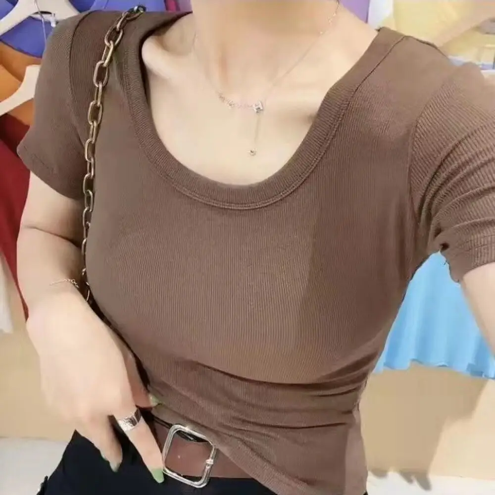 Casual For Versatile Low Round Neck Threaded Short Sleeved T-shirt Top Pure Desire Slim Fit Base Shirt Inner Wear Top Women