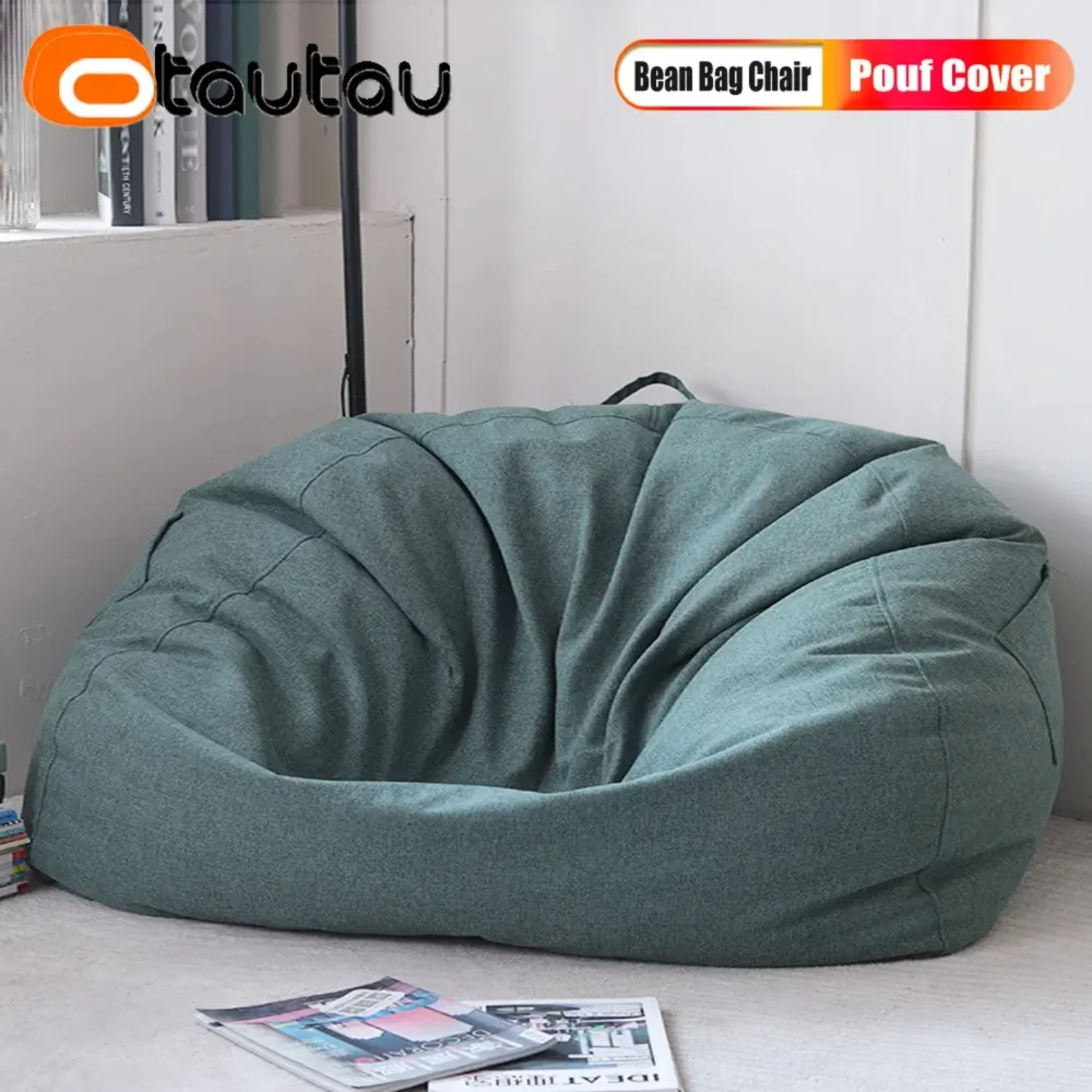 Comfortable Adults Cotton Linen Bean Bag Pouf Cover with Inner Liner and Filler - Cozy Puff Ottoman Footrest Stool for Floor Sea