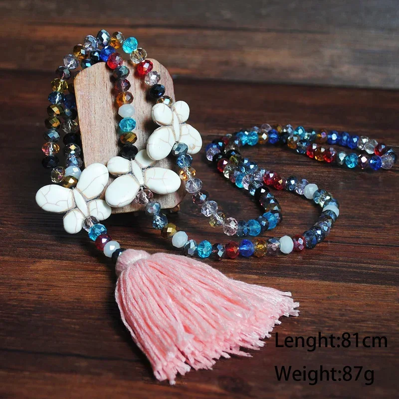 

White Turquoise Butterfly Charm Sweater Chain Long Necklace Vintage Color Crystal Tassel Pendant Necklace Jewelry for Women Gift