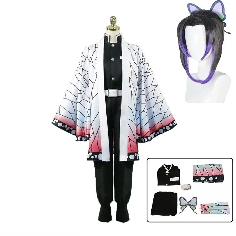 Anime Demon Slayer Kimetsu No Yaiba Kochou Shinobu Cosplay Costume Wig Kimono Women Girl Uniform Kid Outfit for Adult Children