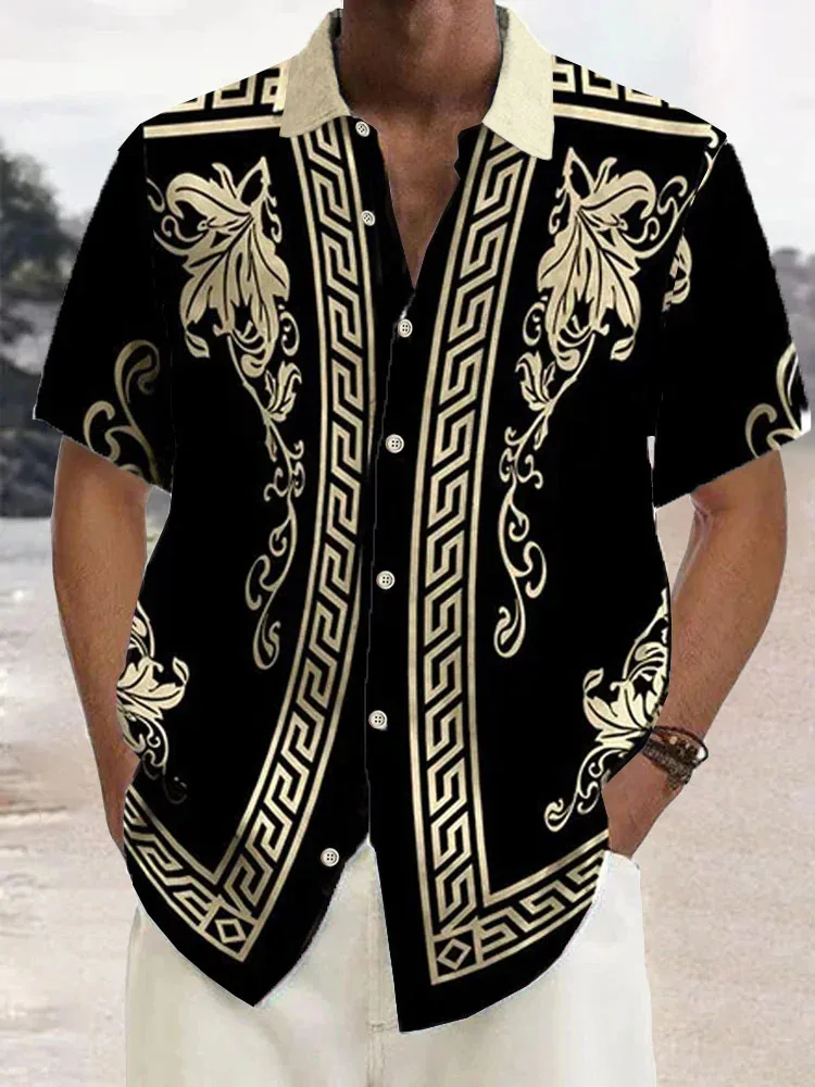 2025 men\'s hot selling retro high street fashion short sleeved shirt gold bar summer luxurious printed casual shirt
