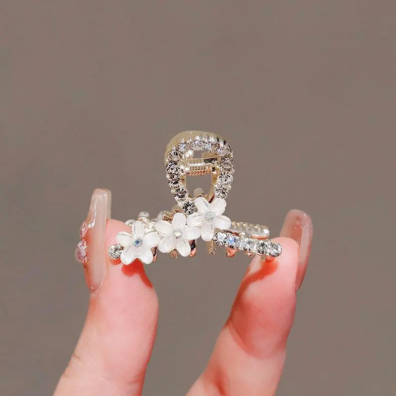 French Style Rhinestone Sakura Medium Size Hair Clip for Women Back Head Half-tied Hairpin High-end Sweet Clip Headwear