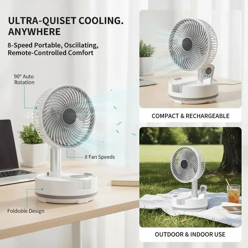 Portable Retractable Battery Powered Ventilator 8 inch For Home Office Camping, 3-in-1 Design Remote Control Operation, 8 Speed Settings 90-degree Auto Rotation Quiet Desk Pedestal Floor Cooling Device