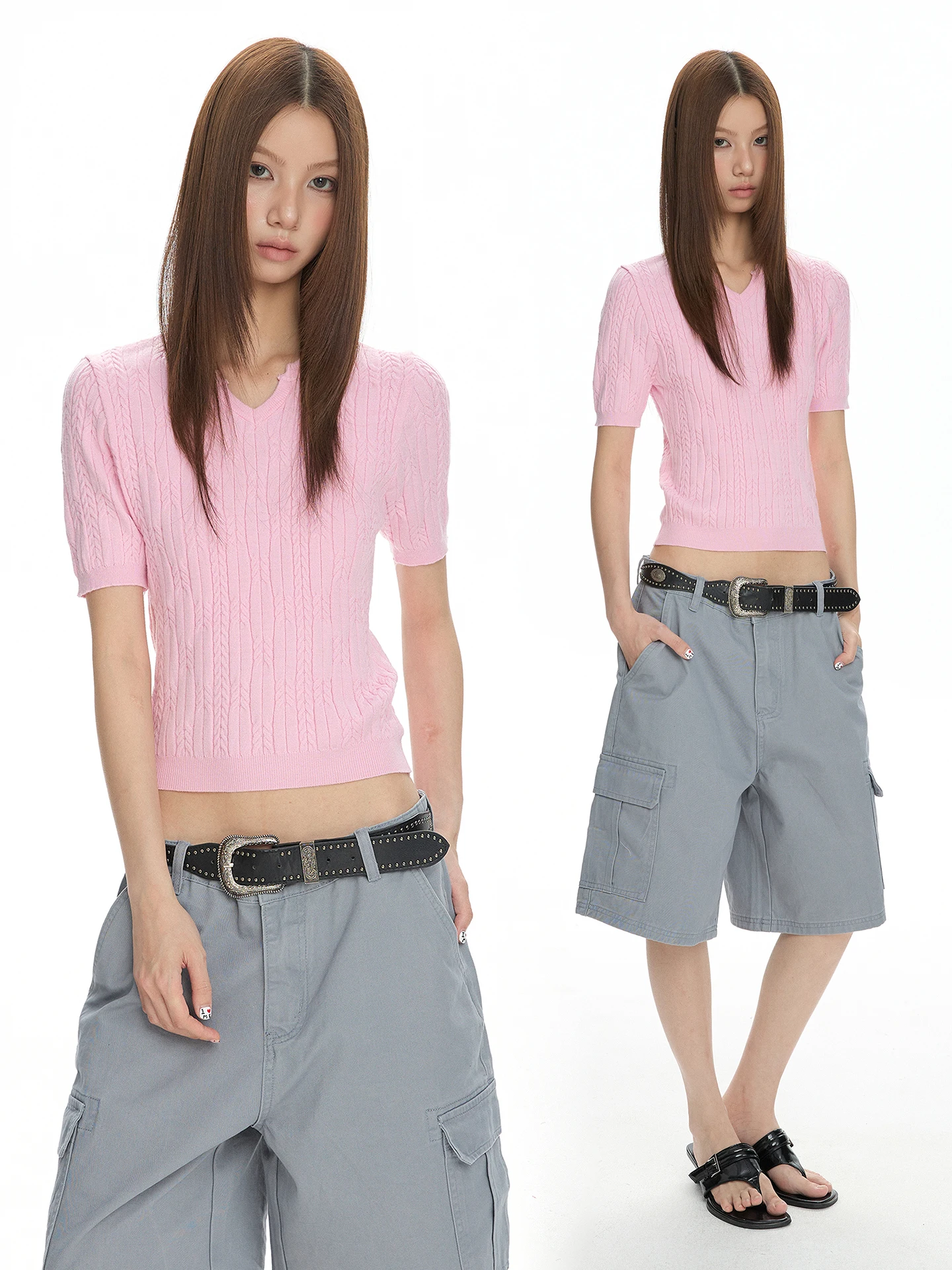 

VATTY Women's Slim Fit Short Sleeve Knitted T-Shirt V-Neck Casual Versatile Summer Top Three Colors Twist Basic Short Length