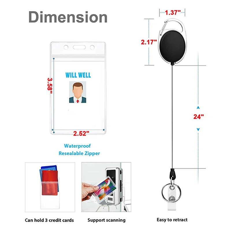 4 Pcs Badge Tether With Clips Retractable Badge Reel Carabiner Reel Clip Card Holders For ID Card Key Badge Holder-Y18A