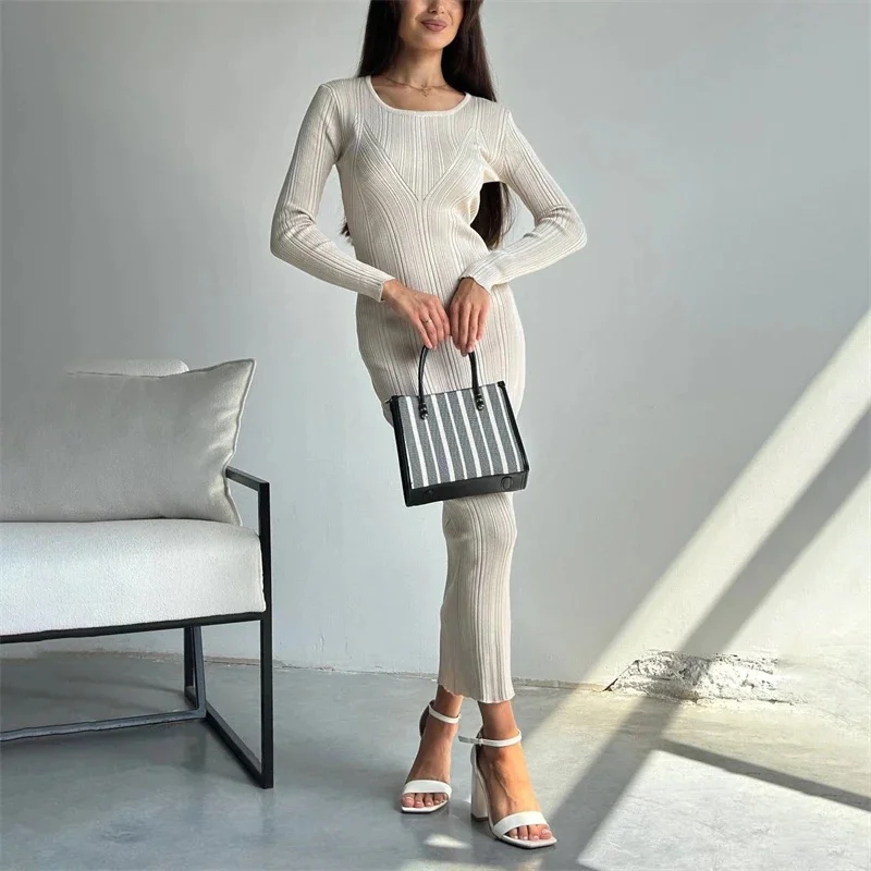 

Chic Geometric Pattern Crochet Waist Bag Hip Long Skirt Autumn Round Neck Knitted Dress Fashion Women's Slim Fit Jumpsuit Skirt