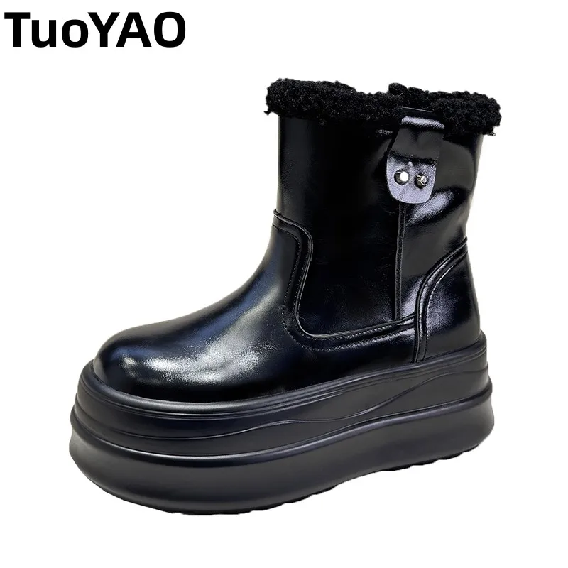 

Winter Women's Snow Boots 7CM Chunky Leather Sneakers Waterproof Warm Plush Mid-calf Boots Outdoor Anti-skid Fur Cotton Shoes