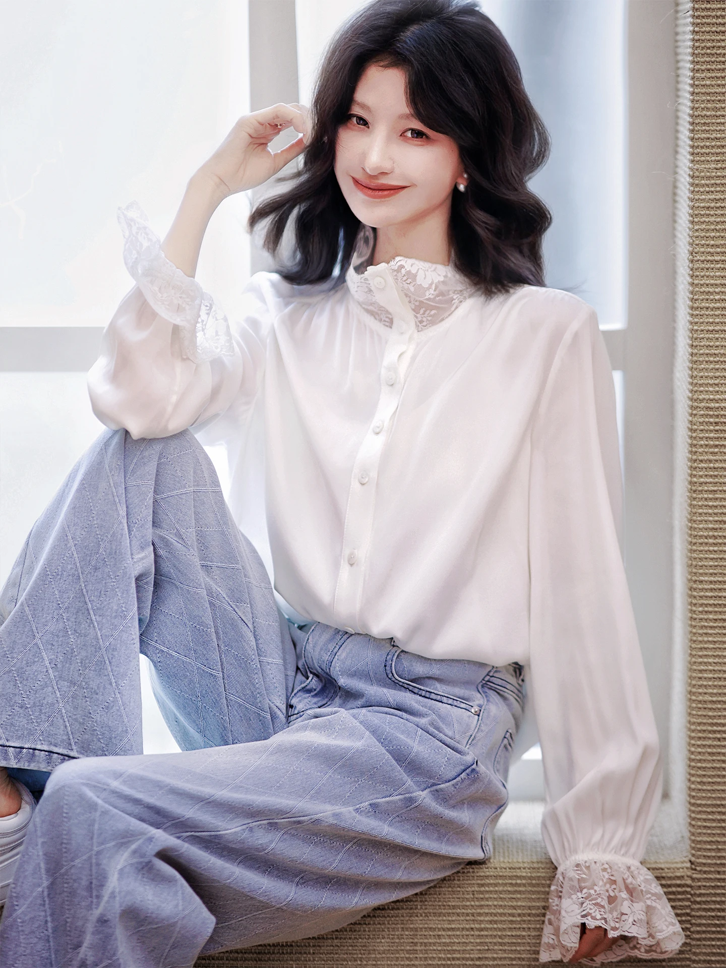 

ZhaodaXi Two-Way Wear Silk Lace irt Commute White irt Ele Personali Simple Sle Long Sve Flip Collar Women's irt