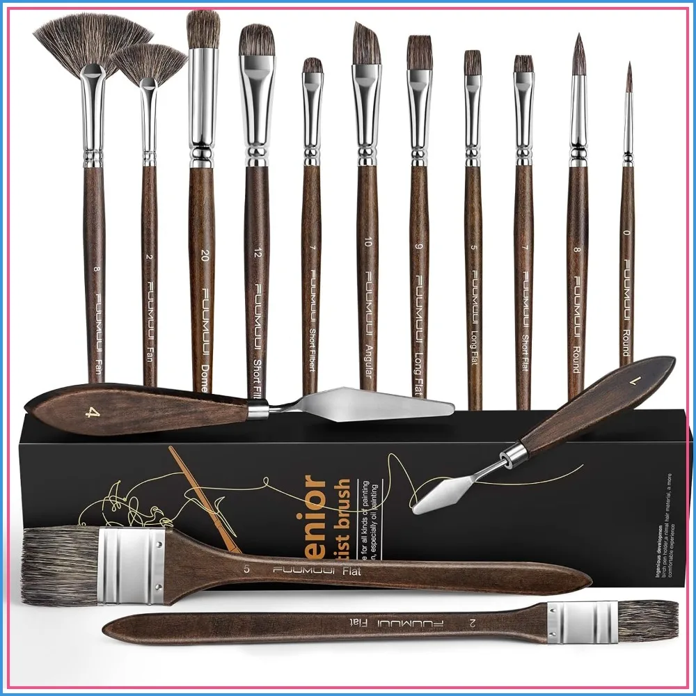 Juego de 15 pinceles para pintura al óleo, pinceles profesionales para mezclar pintura, cerdas naturales de tejón, planos, en forma de abanico, angulares, redondos y tipo filbert, con 2 espátulas.