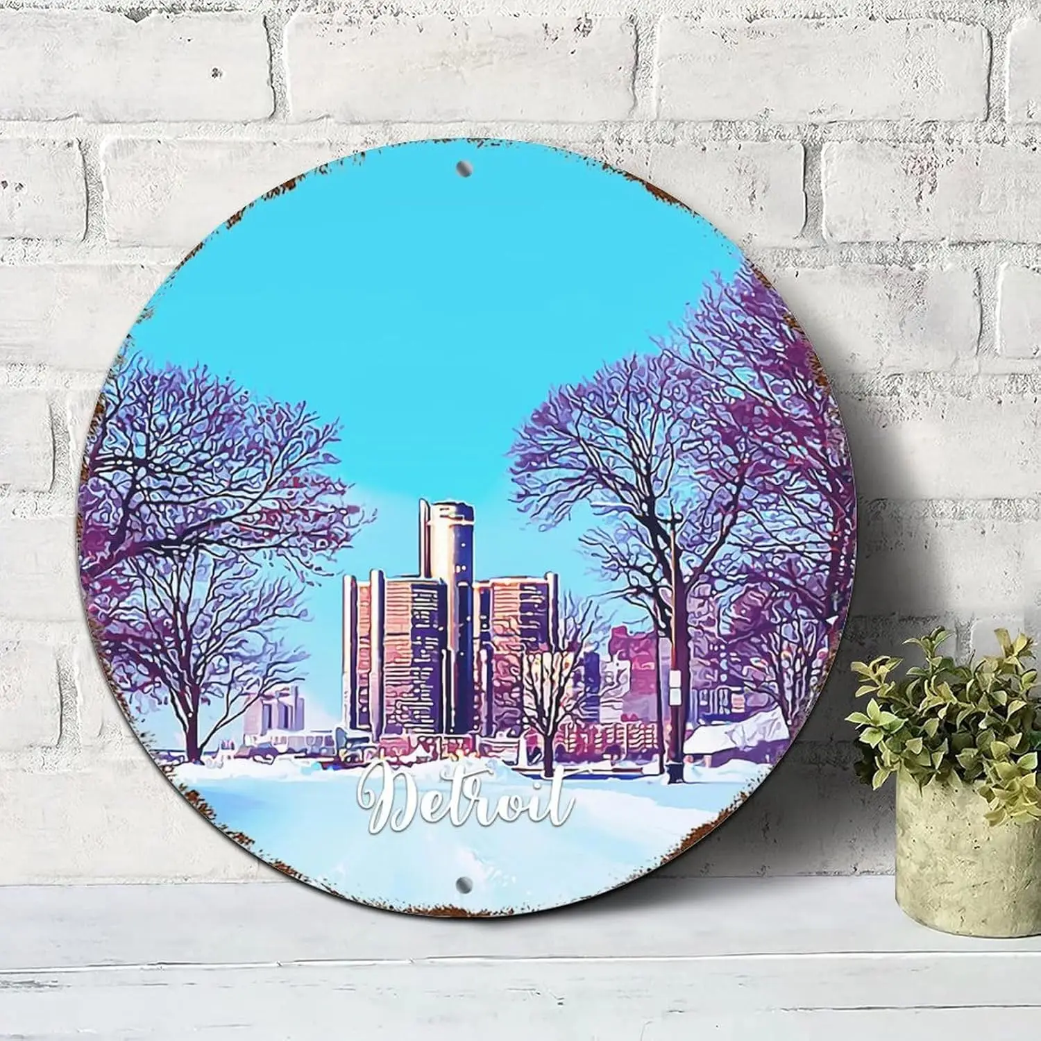 Detroit Scenery Cityscape Signs Detroit Round Tin Signs Aluminum Metal Signs Wall Art Farmhouse Decorative Wreath Sign Rustic Wa