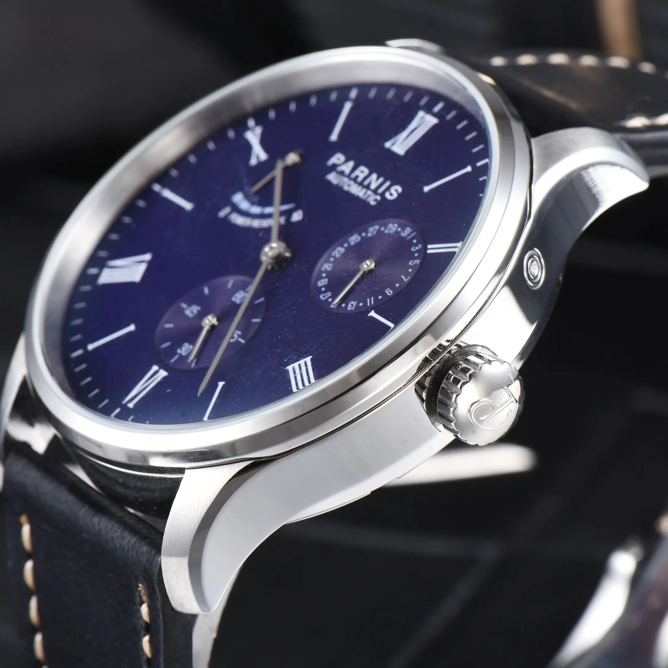 موضة بارنيس 41.5 مللي متر الأسود الهاتفي التلقائي الرجال الساعات التقويم حزام من الجلد ساعة ميكانيكية للرجال reloj hombre 2025 ساعة