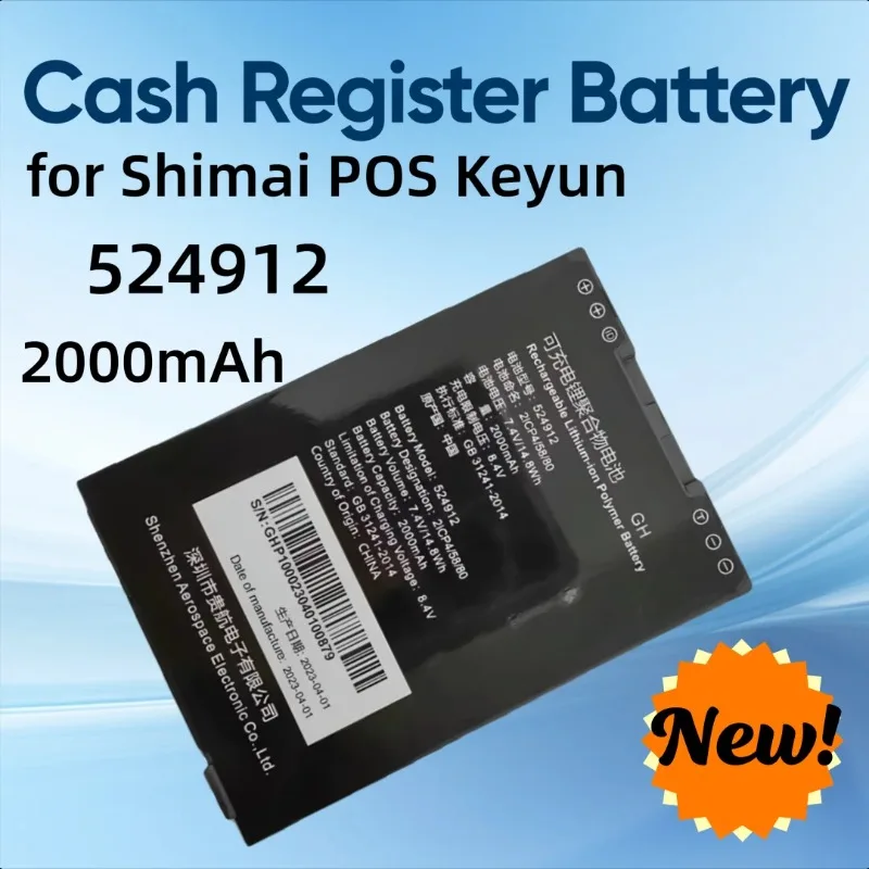 

2000mah 7.4V for Shimai POS Keyun P1000 524912 Cash Register Battery
