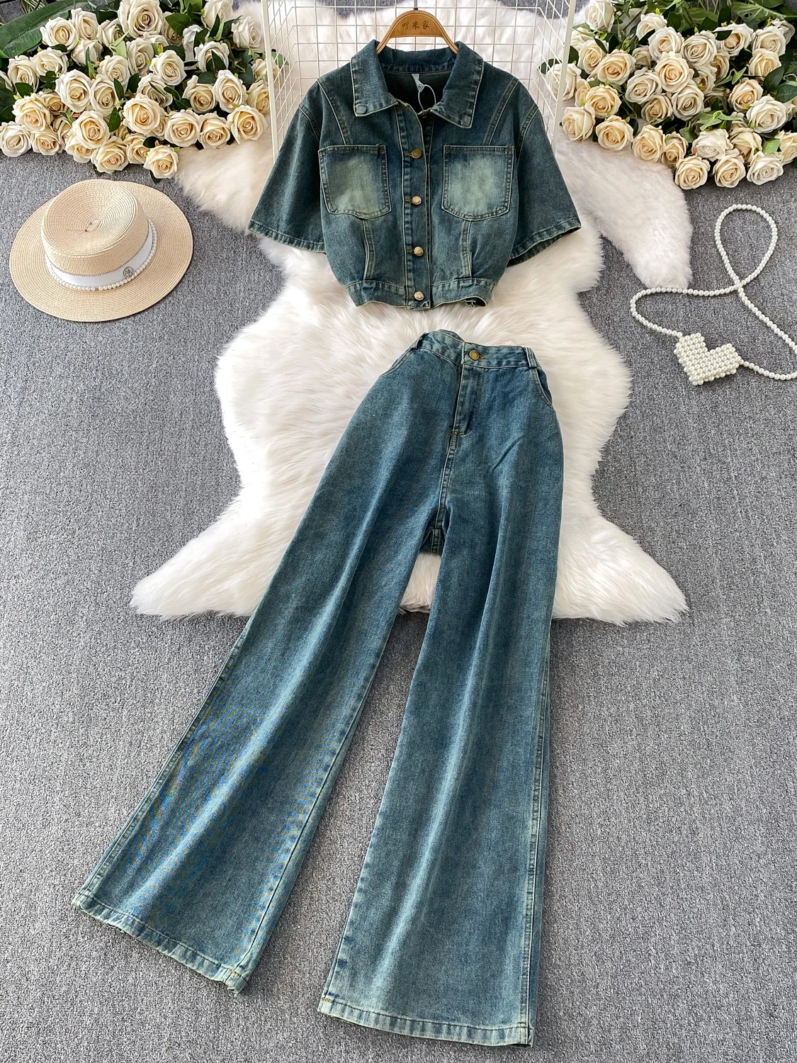 

Retro American Blue Jeans Waist-Cinching Short Jacket High Waist Slimming Wide Leg Pants Two-piece Set Casual Fashion Women's...