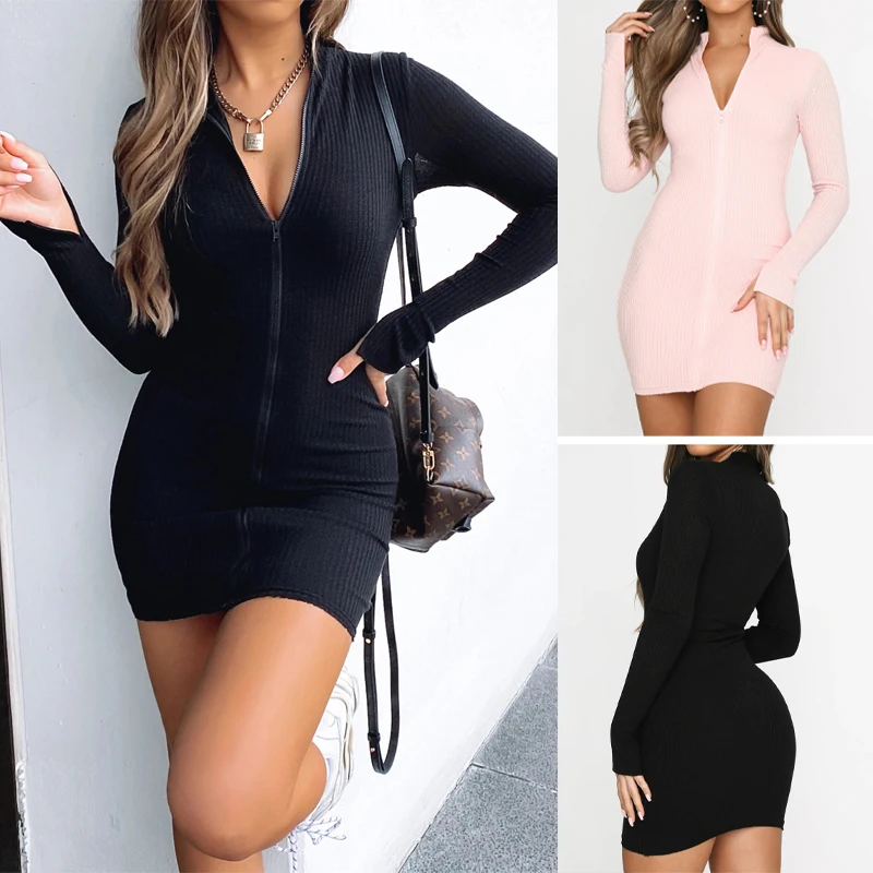 

Sexy Women Spring Autumn Mini Dress Zipper Decor Turn-down Collar Long Sleeve High Waist Solid Color Slim Hips Pencil Dress 2020