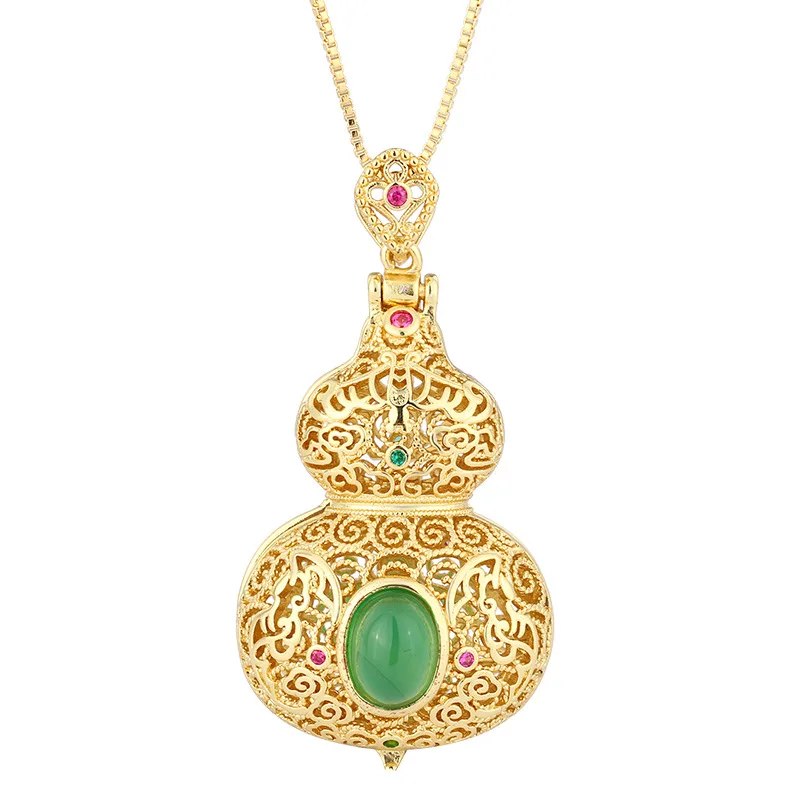 Jewelry Inlaid Green Chalcedony Gold Hollow Gourd Necklace Dignified Pendant Main Stone 6*8