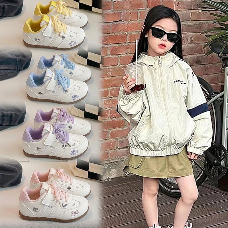 Girls Sports Shoes Hook&loop Striped Kids Tennis Shoes Round Toes 2026 Brand New Children Casual Shoes Non-slip Comfortable