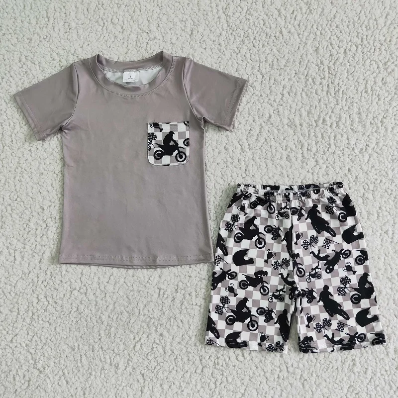 Summer New Fashion Baby Boy Gray Pocket Motorcycle Short Sleeve Shorts Suit Wholesale Boutique Children Clothes