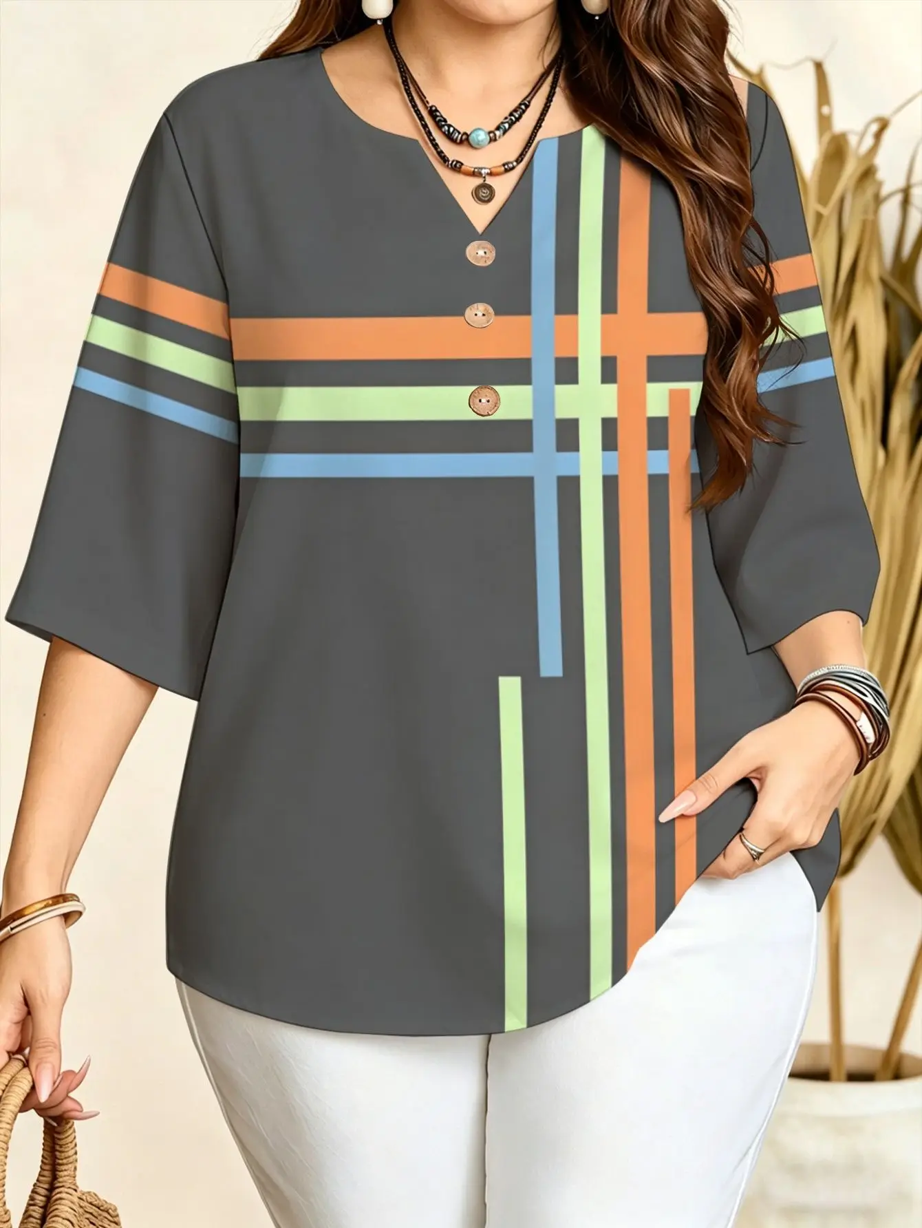 Multicolor Geometric Cross Stripe 3D Print Women Blouse Notch V Neck Half Button 3/4 Sleeve Casual Shirts