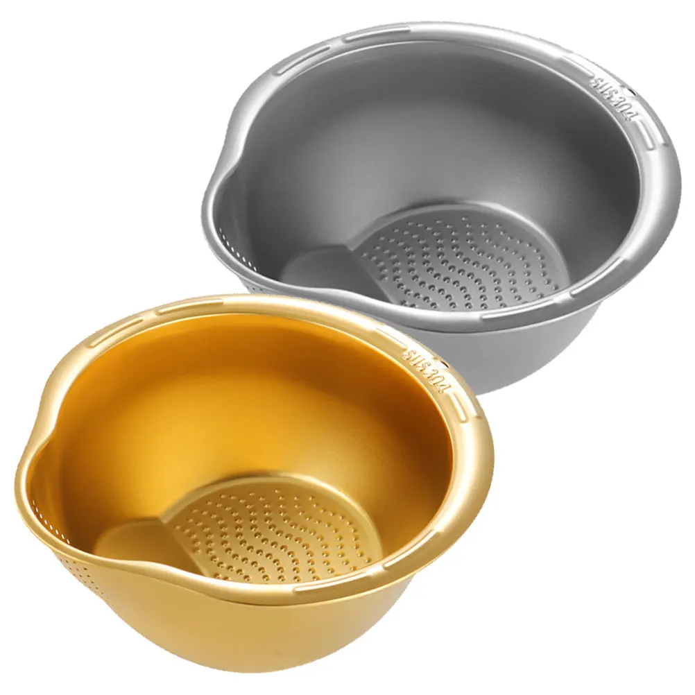 

2pcs Stainless Steel Rice Washer Strainer Bowl Colander Kitchen Fruit Drain Basket Vegetable Washing Mesh Strainer