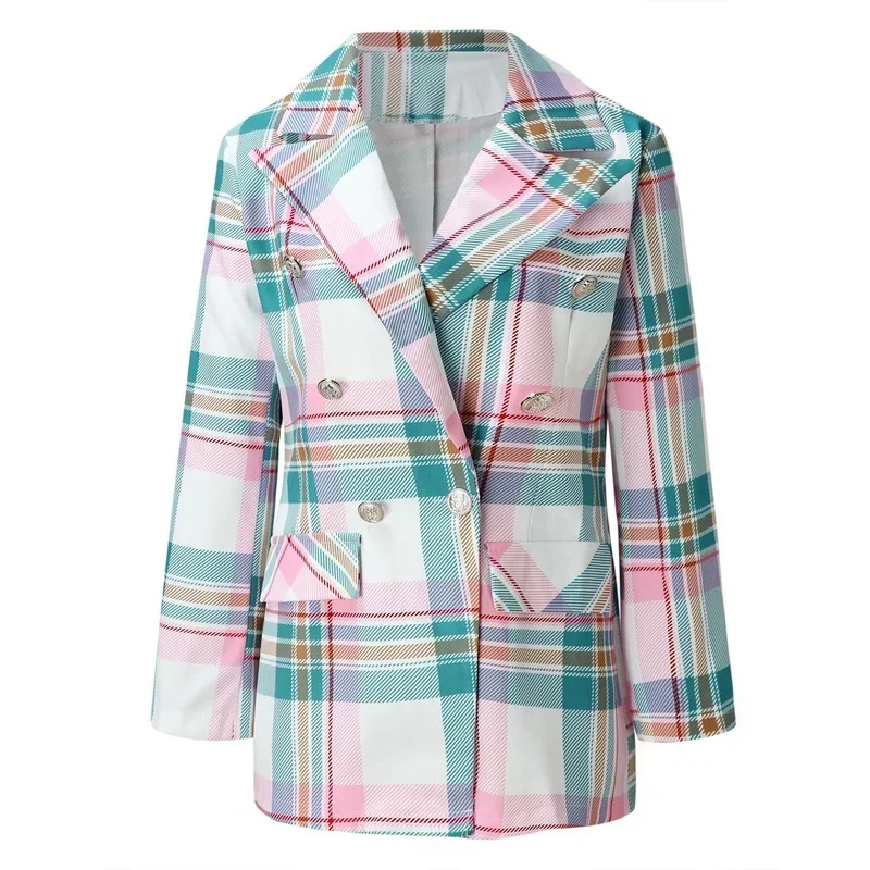 Fashion Pink Plaid and Striped Blazer Office Lady Lapel Double Breasted Business Commute Blazers Spring Autumn Elegant Chic Coat