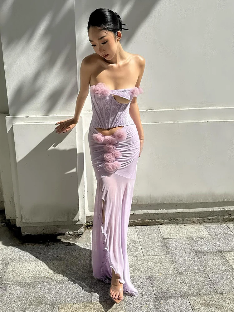 여성용 VC 플로럴 코르셋 메쉬 롱 드레스 – 컷아웃 뷔스티에 이브닝 드레스, 3D 로제트 슬림핏 머메이드 맥시 드레스