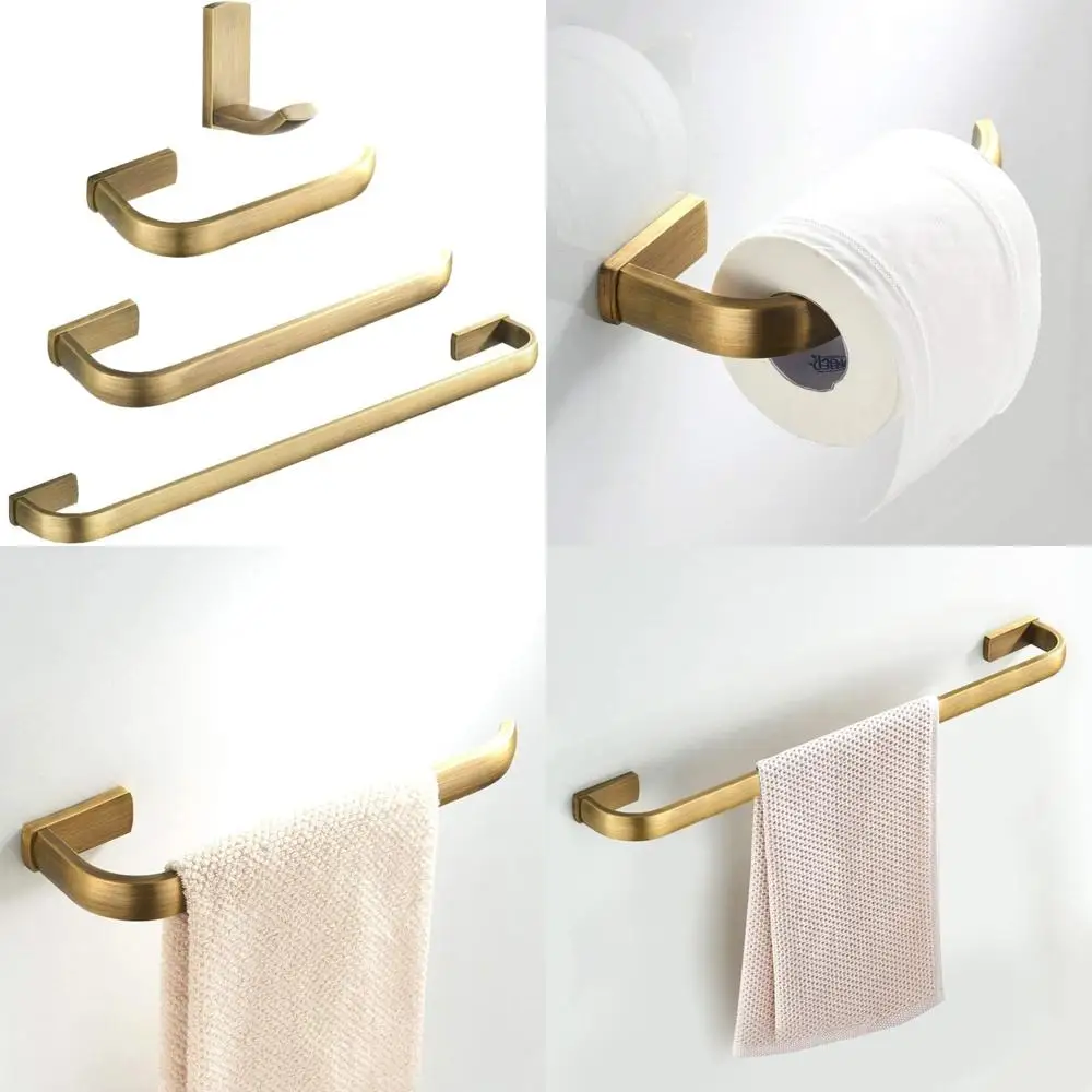 

Antique Style Brushed Brass Bathroom Accessories Set - Towel Bar, Toilet Paper Holder, Robe Hook for Wall Mount