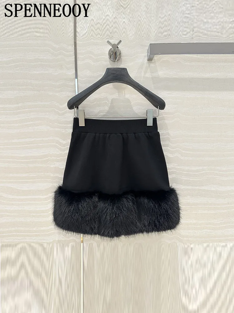 SPENNEOOY Fashion Runway Summer Party Black Sexy A-Line Mini Skirt Women's Elastic Waist Slim Gorgeous Fur Hem Short Skirt