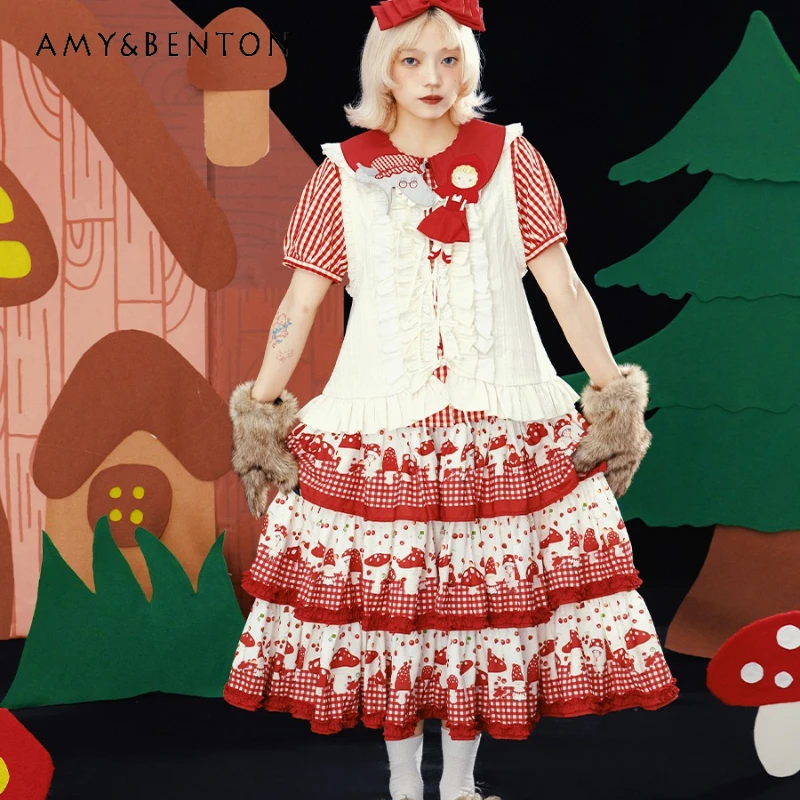 

Original Design Retro Red Plaid Splicing Multi-layer Printed Women's Skirt Autumn New Sweet Cute Versatile Cake Skirts Ladies
