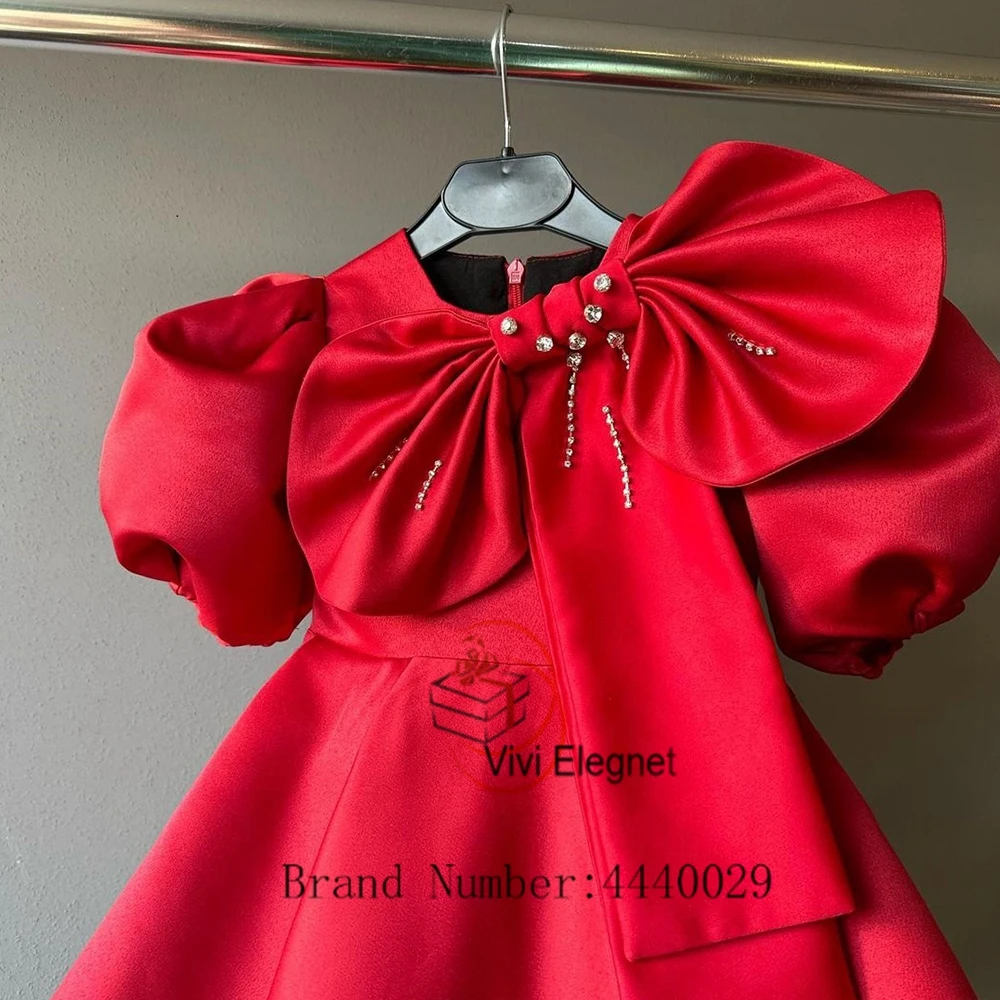 Charming Red Flower Girl Dresses with Beading Bow Short Sleeve Wedding Party Gowns 2023 ummer Satin Bow فساتين للحفلات الراقصة