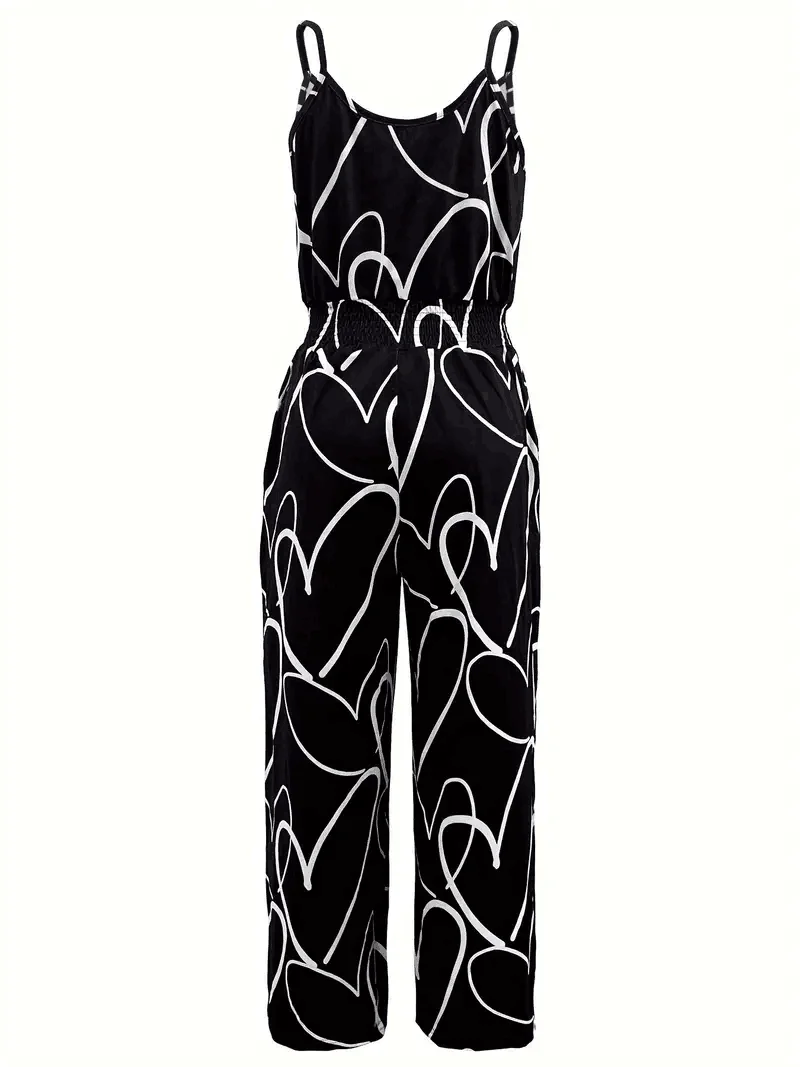 จั๊มสูทลายหัวใจสายคาดเอวแบบมีกระเป๋าคู่สำหรับฤดูใบไม้ผลิและฤดูร้อนจั๊มสูทแบบสลิปมีกระเป๋ากว้างสำหรับแขนกุดแบบลำลอง