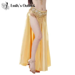 Women Long Satin Panel Skirt 2 Side Slit Belly Dance Tribal Swing Gypsy Costume Sexy Dress Double Forktailed Church Praise Gold