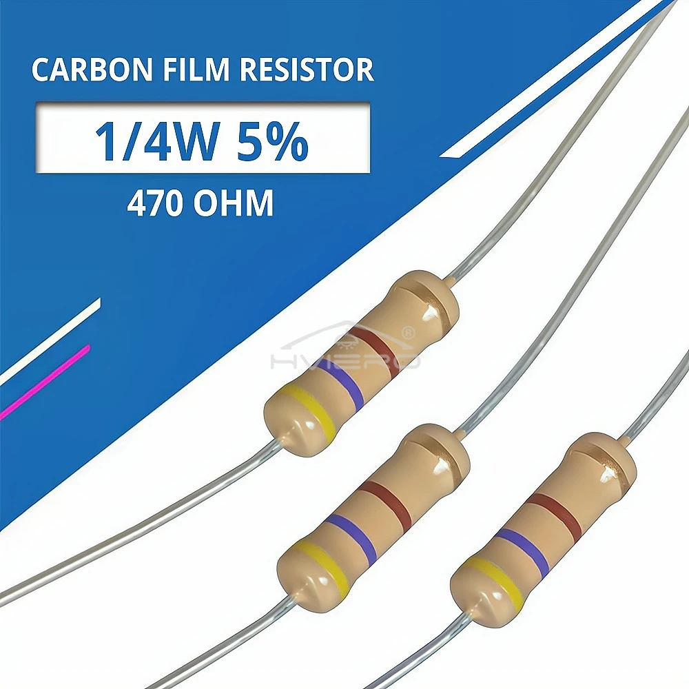 500Pcs 470 Ohm Resistors 1/4W Cylinder for DC 12V LEDs High-power 470R 5% Carbon Film Resistor Direct Insertion Four Color Ring