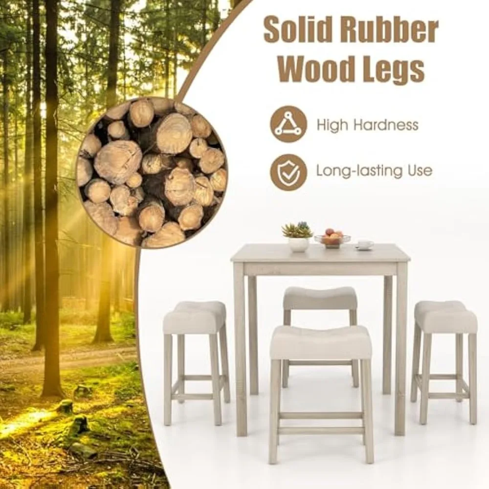 5-Piece Bar Table Set, Square Breakfast Set for 4 w/Padded Stools, Small Kitchen Table Set w/Rubber Wood Legs, Space-Saving Din