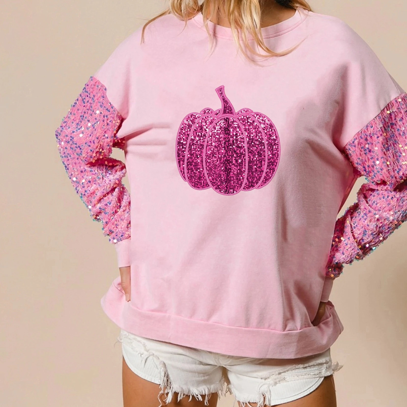 Moletom feminino de lantejoulas de Halloween solto manga comprida gola redonda pulôver de abóbora