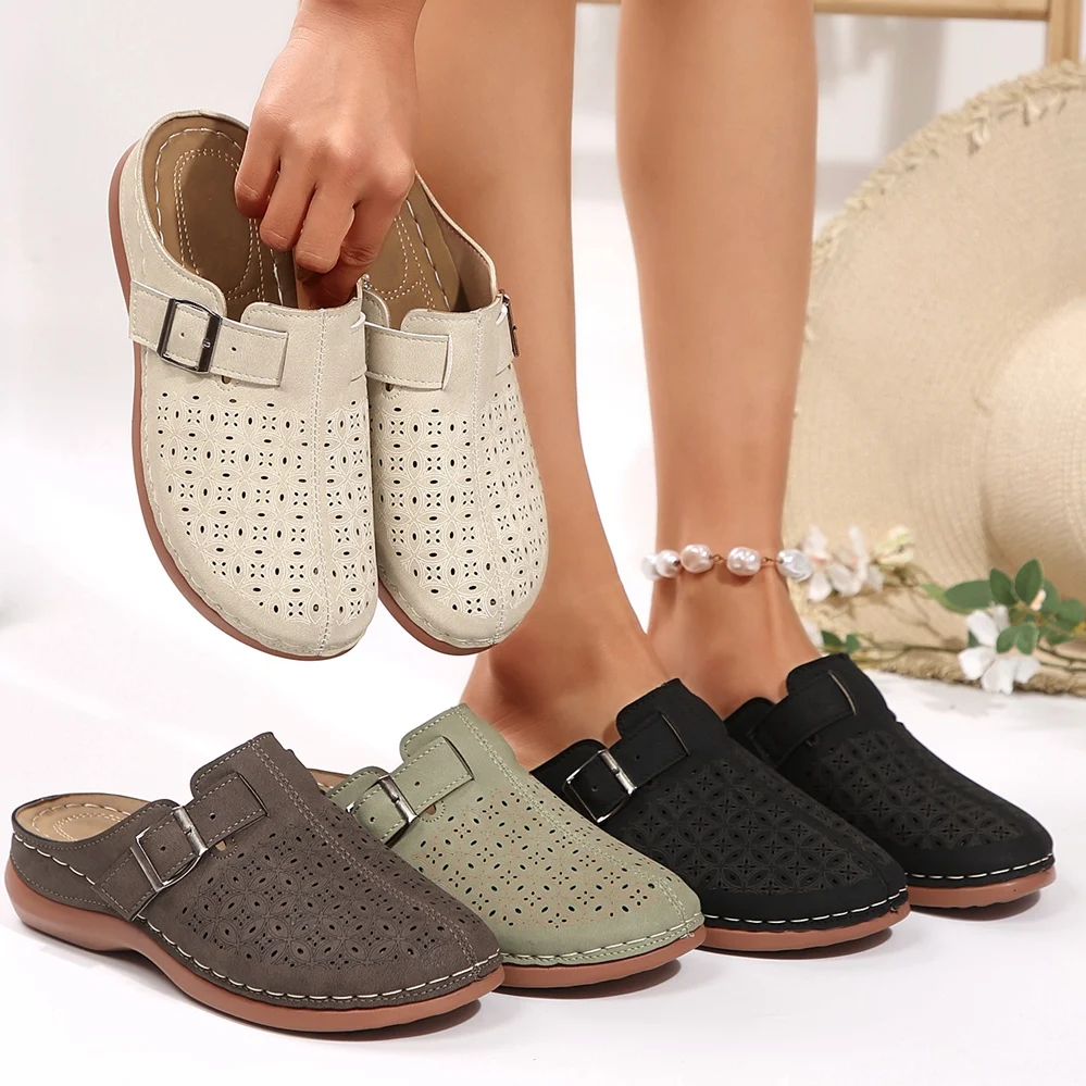 Womens Buckle Decor Closed Toe Wedge Mule Slides，Hollow Perforated，Pu Leather，Summer Casual Ladies Shoes