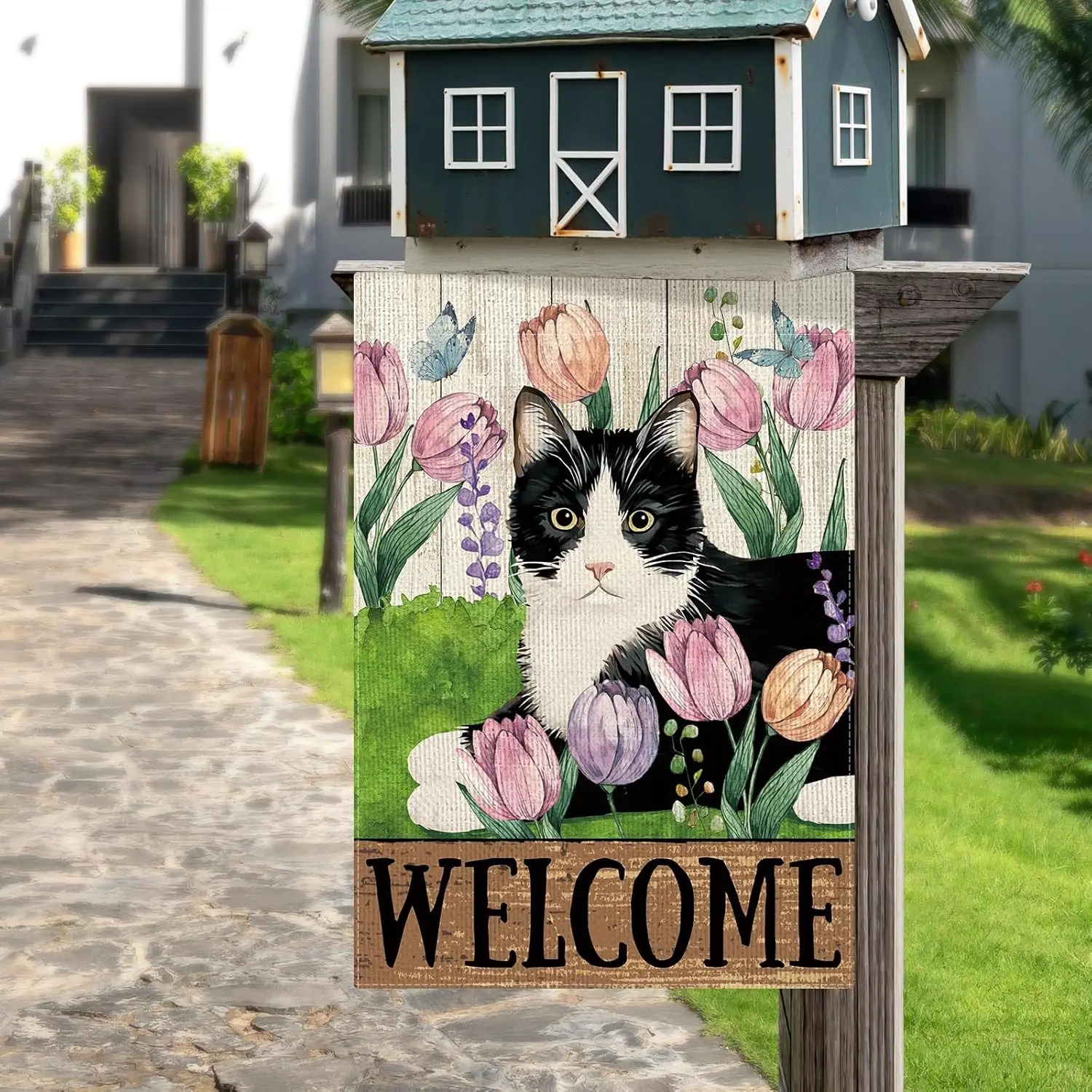 DLZDN Spring Cat Floral Garden Flag 12×18 Inch Double Side Vertical Burlap Farmhouse Yard Sign Seasonal Outdoor Decoration F IIC