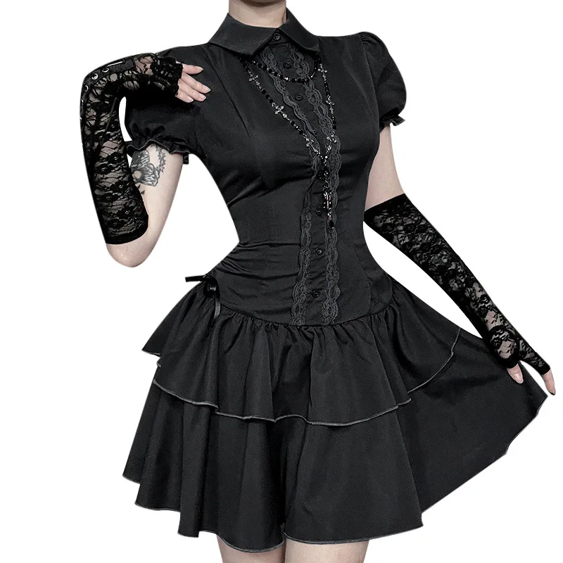 2025 Nuovo arrivo Arco Abito a maniche corte Stile retrò College Camicia a maniche corte Gonna corta Abito da donna Donna Moda elegante