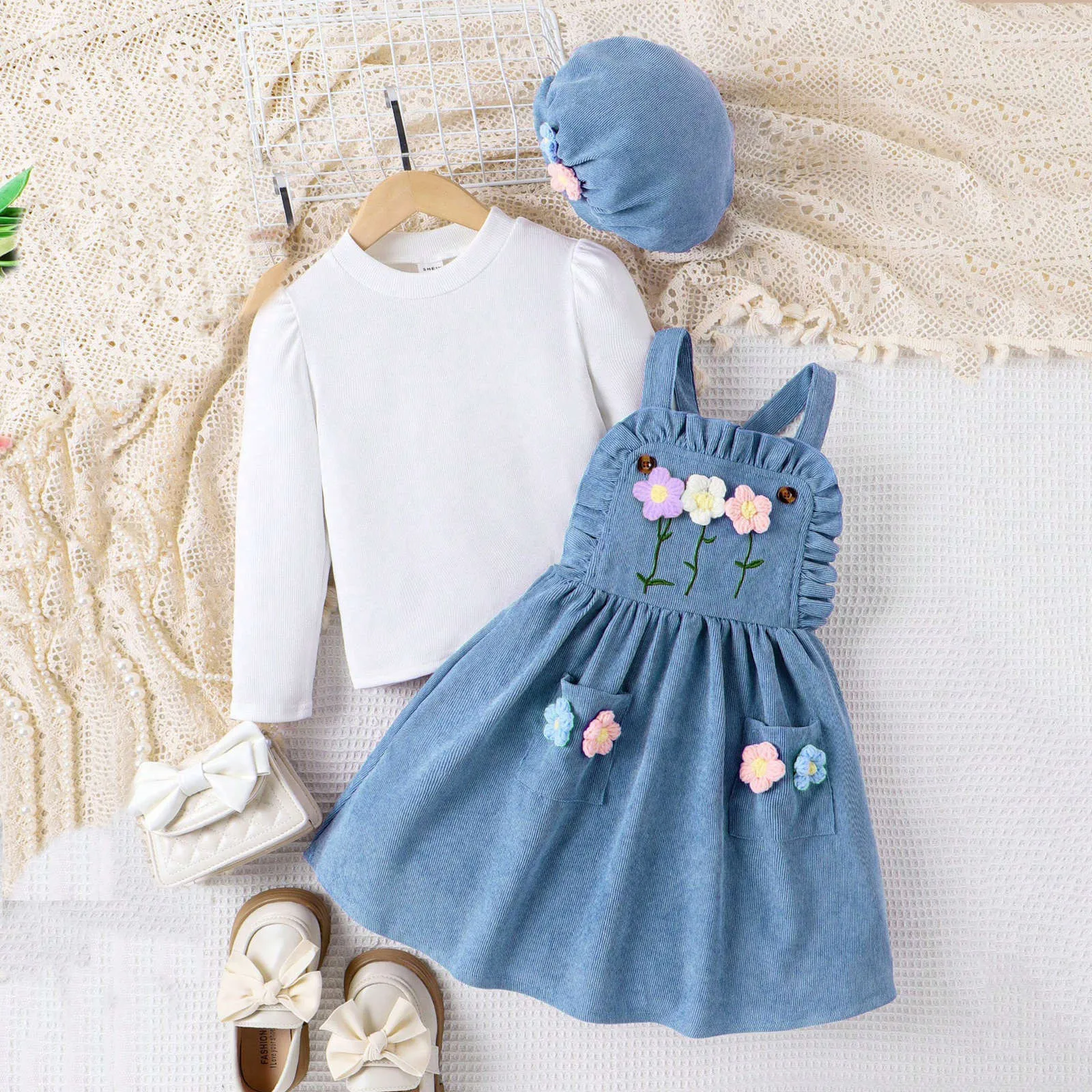 2024 Autumn Winter Girls Clothes Long-sleeved Top+Floral Splice Suspenders Dress+Cap 3 Pieces Set Casual Kids Clothes Age 3T-8T