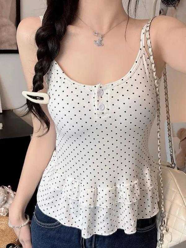 Pure Desire Spicy Dot Patterned Crop Top Women's Slim Fit Vest Spring Summer Wood Grain  Padded Bra Integrated Top